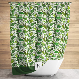 Elegant Monogram Green Leaves Pattern Shower Curtain