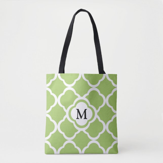 Elegant Monogram Green Quatrefoil Pattern Tote Bag (Front)