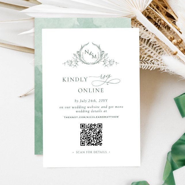 Elegant Monogram Green RSVP Online QR Code  Enclosure Card (Creator Uploaded)