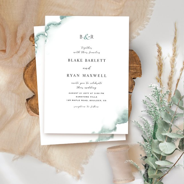 Elegant Monogram, Green, Sage Watercolor Wedding Invitation (Creator Uploaded)