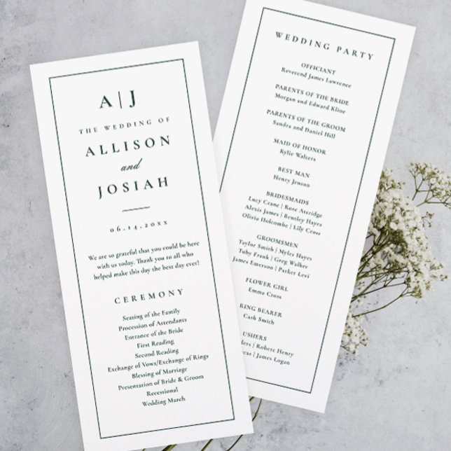 Elegant Monogram Green Wedding Program (Elegant and Classic Monogram Green and White Wedding Program.)