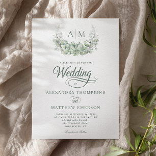 Elegant Monogram Greenery Eucalyptus Sage Wedding Invitation