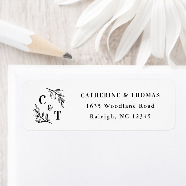 Elegant Monogram Greenery Leaves Return Address  Label (Insitu)