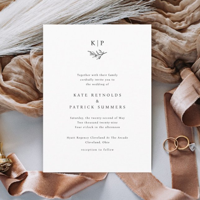 Elegant Monogram Greenery Leaves Simple Wedding Invitation (Simple Wedding Monogram with Greenery Wedding Invitations.)