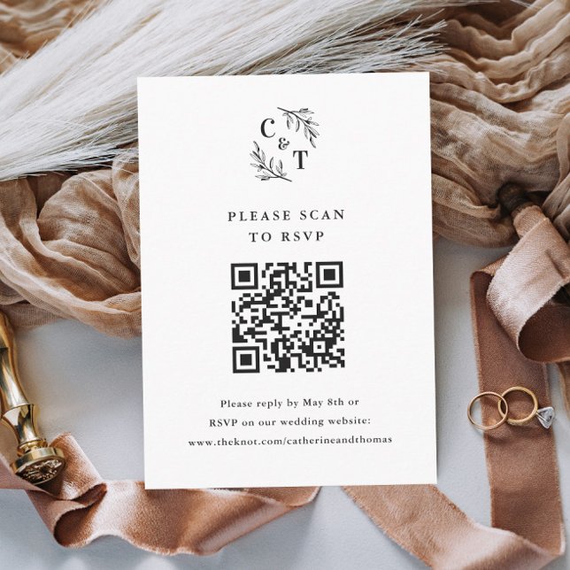 Elegant Monogram Greenery Leaves Wedding QR Code RSVP Card (Elegant Wedding Monogram Black and White Wedding Invitation RSVP Enclosure Card.)