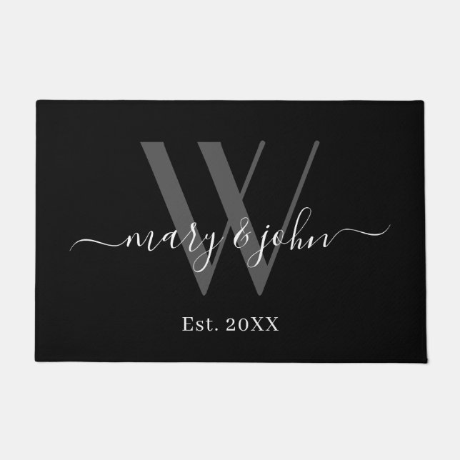 Elegant Monogram Grey Black Names Script Wedding Doormat (Front)