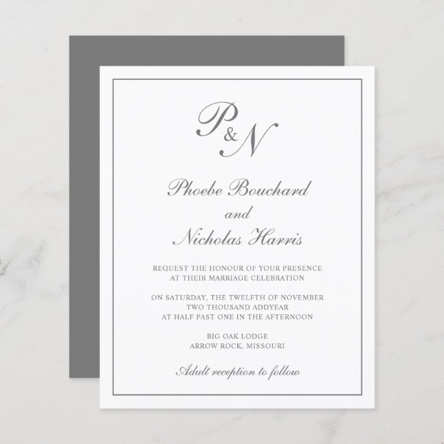 Elegant Monogram Grey Budget Wedding Invitation (Front/Back)