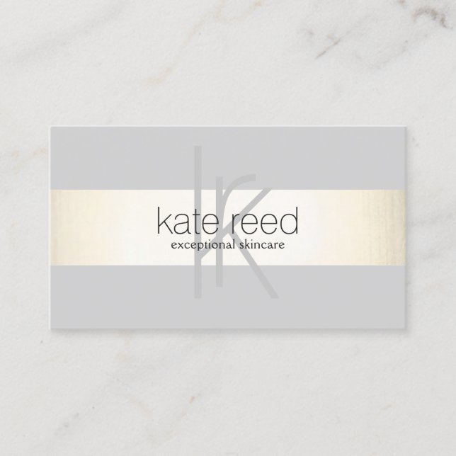 Elegant Monogram Grey Modern Gold Striped Business Card (Front)