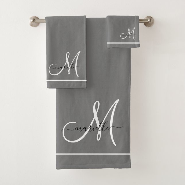 Elegant Monogram Grey White Script Name Bath Towel Set (Insitu)