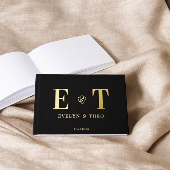 Elegant Monogram Heart Black Wedding Guest Book (Creator Uploaded)