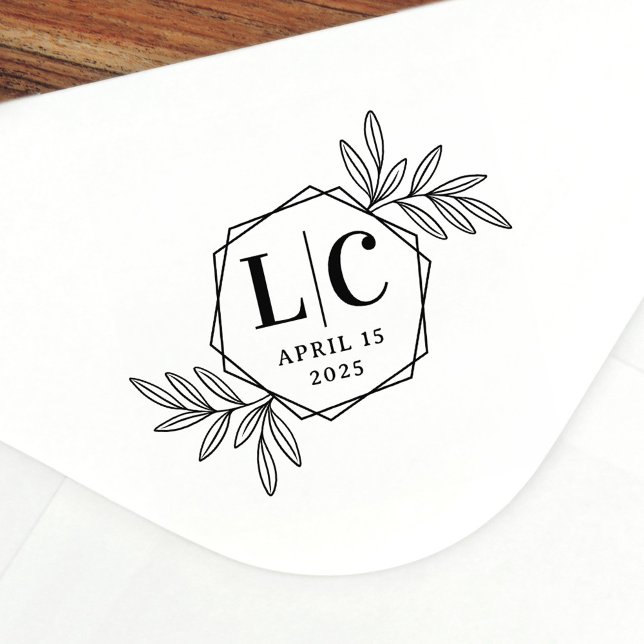 Elegant monogram hexagon border greenery leaves rubber stamp (Creator Uploaded)
