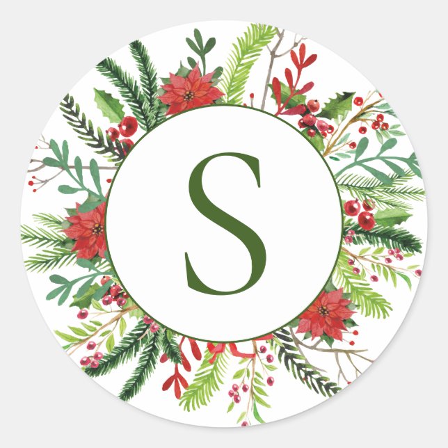 Elegant Monogram Holiday Winter Wreath Classic Round Sticker (Front)