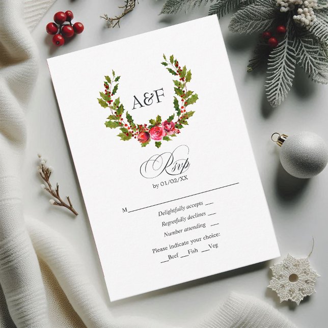 Elegant Monogram Holly and Ivy Christmas Wedding RSVP Card (Elegant Monogram Holly and Ivy Christmas Wedding RSVP Card)