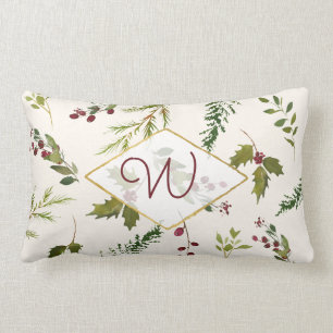 Elegant Monogram Holly Berry Vintage Script Lumbar Cushion