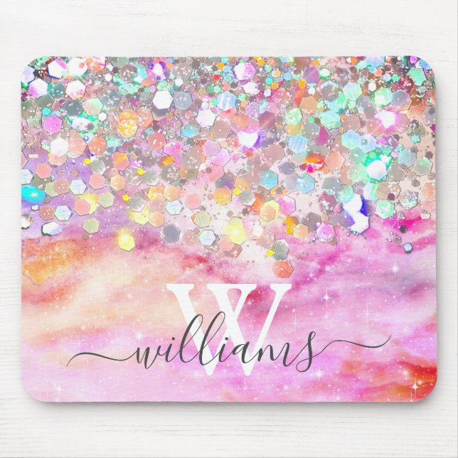 Elegant Monogram Holographic Glitter Pink Galaxy Mouse Pad (Front)