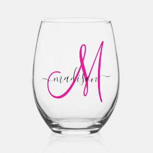Elegant Monogram Hot Pink Black Name Script Stemless Wine Glass