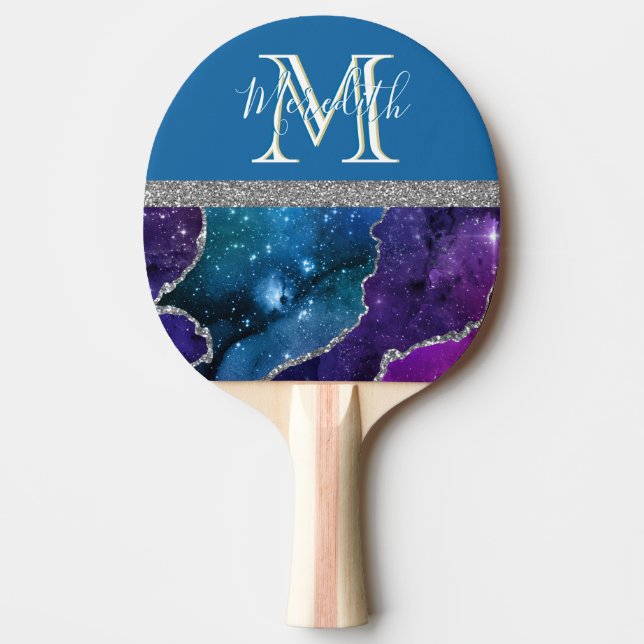 Elegant Monogram I Purple Teal Agate Silver  Ping  Pong Paddle (Front)