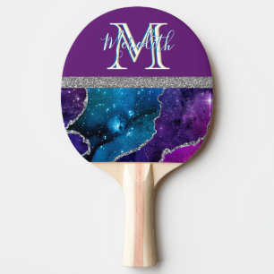 Elegant Monogram I Purple Teal Agate Silver  Ping Pong Paddle
