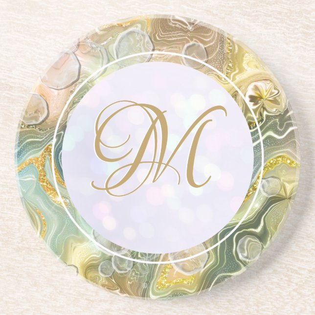 Elegant Monogram Initial Abstract Gold Marble Coaster (Front)