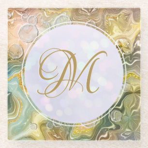 Elegant Monogram Initial Abstract Gold Marble Glass Coaster
