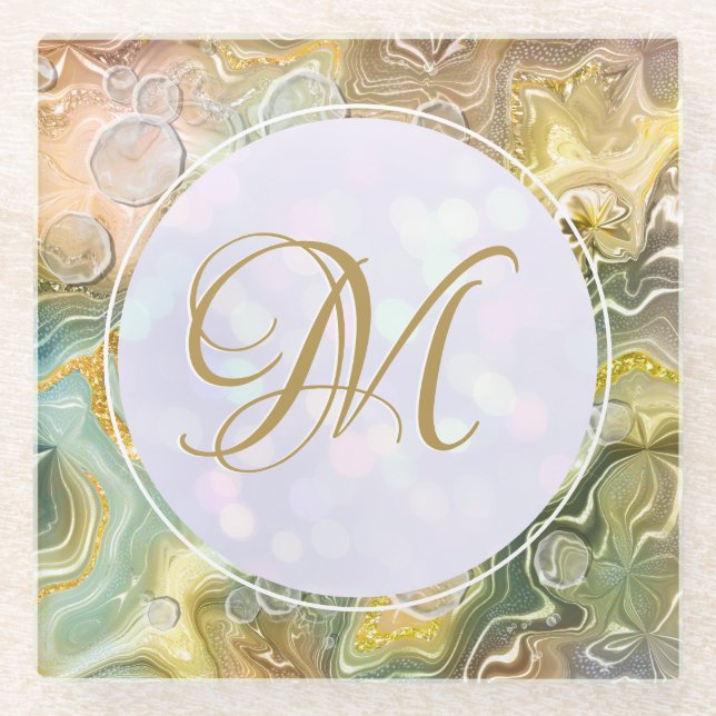 Elegant Monogram Initial Abstract Gold Marble Glass Coaster (Front)