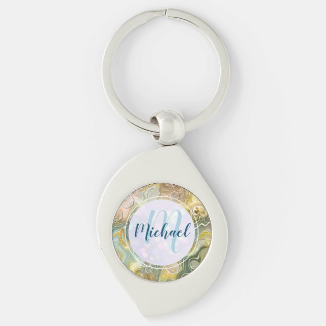 Elegant Monogram Initial Abstract Gold Marble Key Ring (Front)