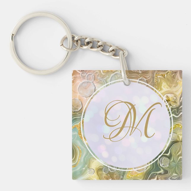 Elegant Monogram Initial Abstract Gold Marble Key Ring (Front)
