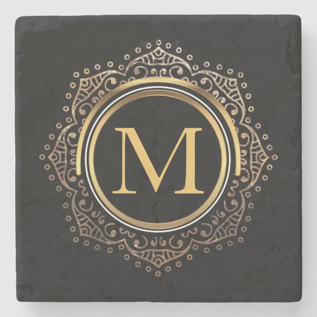Elegant Monogram Initial | Black Gold Monogrammed Stone Coaster (Front)