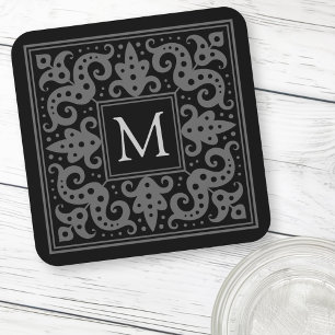 Elegant monogram initial black grey ornate border coaster