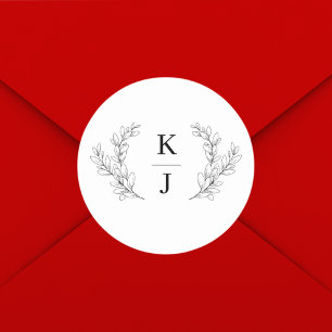 Elegant Monogram Initial Botanical Leaf Wedding  Classic Round Sticker