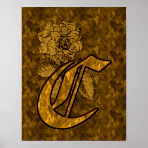 Elegant Monogram Initial C Gold Peony Flower Poster