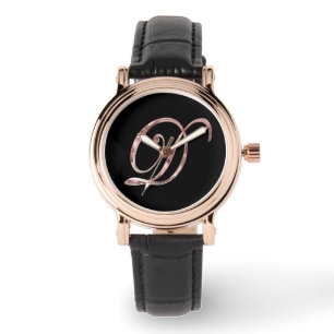 Elegant Monogram Initial D Black Rose Gold Watch