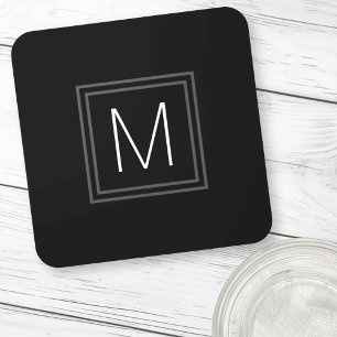 Elegant monogram initial double gray border black coaster