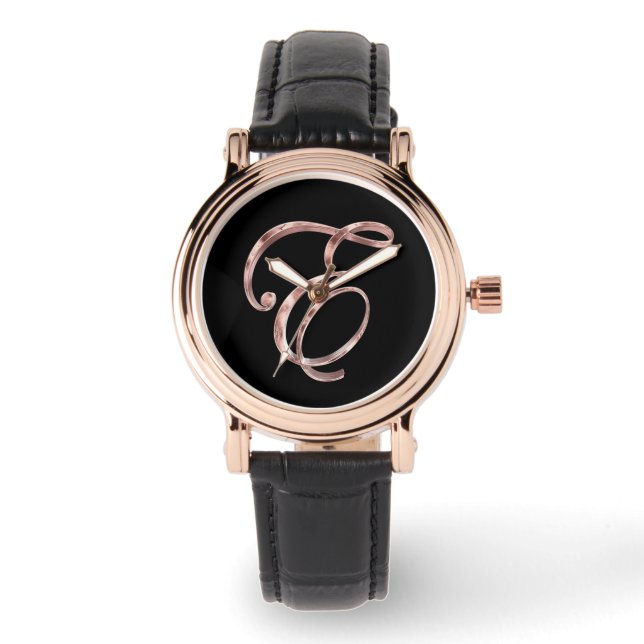 Elegant Monogram Initial E Black Rose Gold Watch (Front)