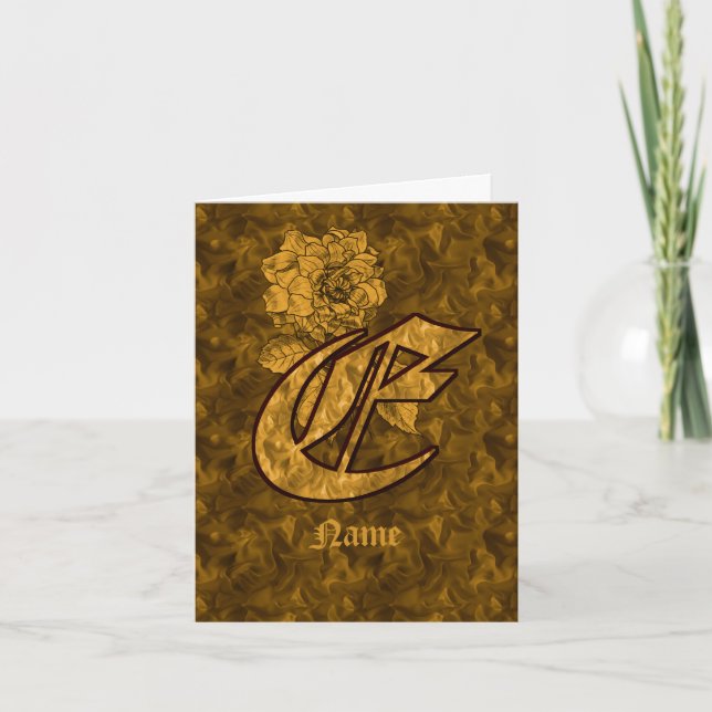 Elegant Monogram Initial E Gold Peony Personalised Note Card (Front)
