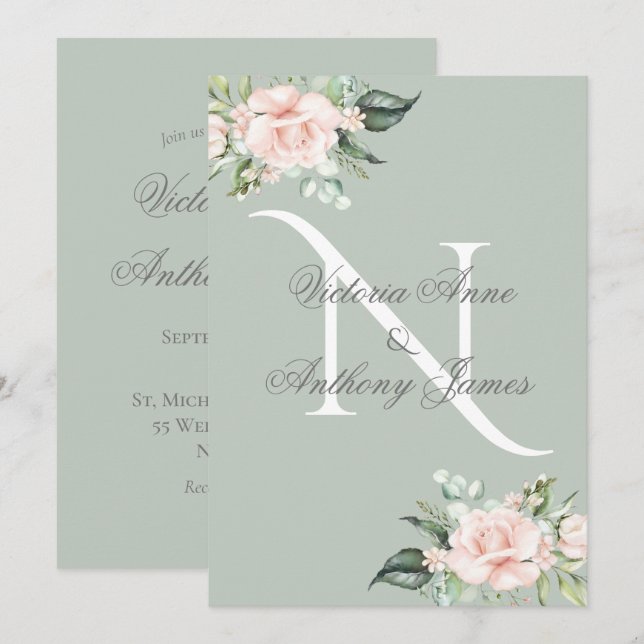 Elegant Monogram Initial Floral Sage Green Wedding Invitation (Front/Back)