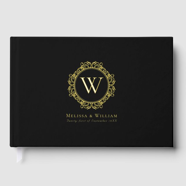 Elegant Monogram Initial Gold Foil Black Wedding  Guest Book (Front)
