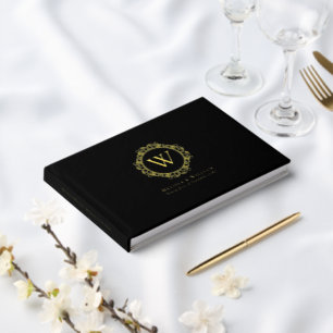 Elegant Monogram Initial Gold Foil Black Wedding  Guest Book