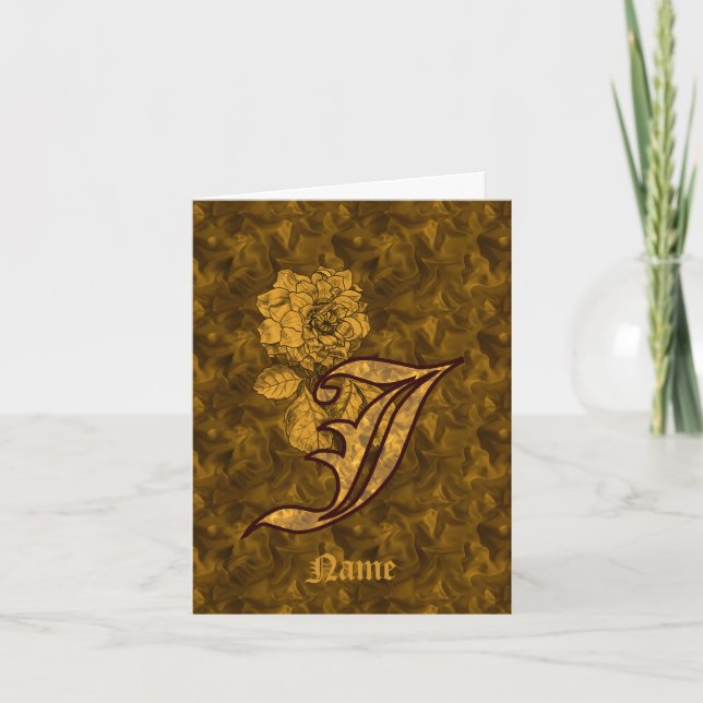 Elegant Monogram Initial J Gold Peony Personalised Note Card (Front)
