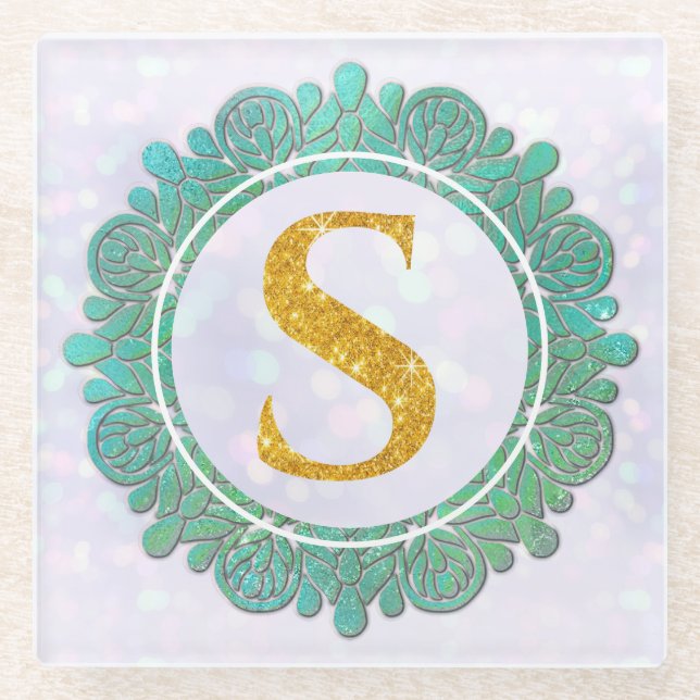 Elegant Monogram Initial Letters with Mandala Glass Coaster (Front)