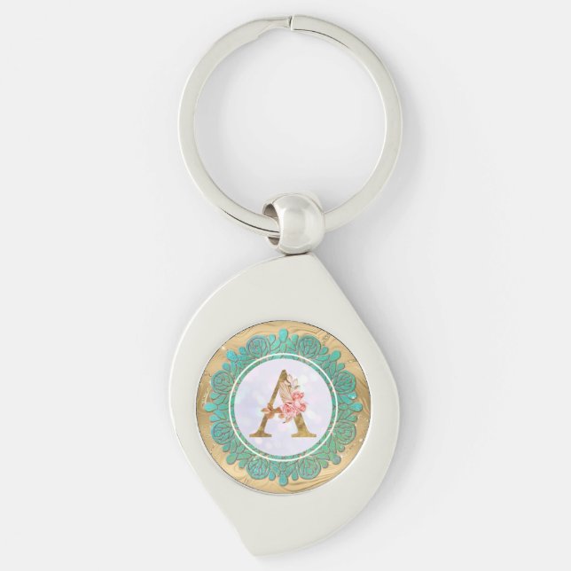 Elegant Monogram Initial Letters with Mandala Key Ring (Front)