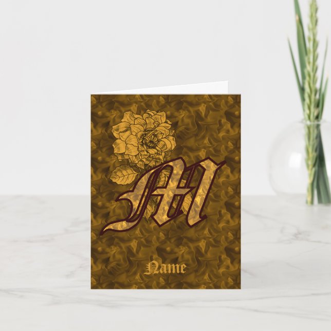 Elegant Monogram Initial M Gold Peony Personalised Note Card (Front)