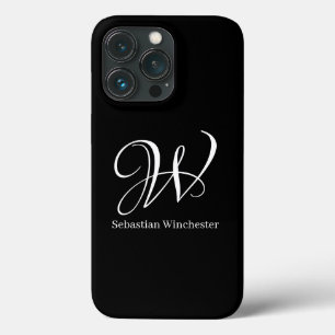 Elegant monogram initial name script black white iPhone 13 pro case