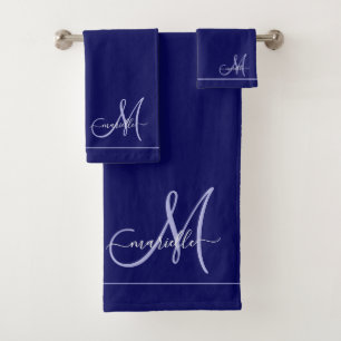 Elegant Monogram Initial Navy Blue Bath Towel Set