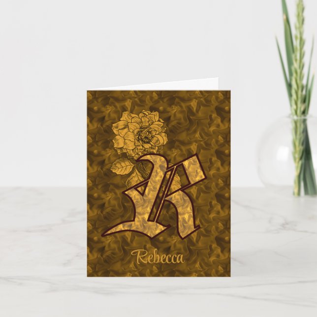 Elegant Monogram Initial R Gold Peony Personalised Note Card (Front)