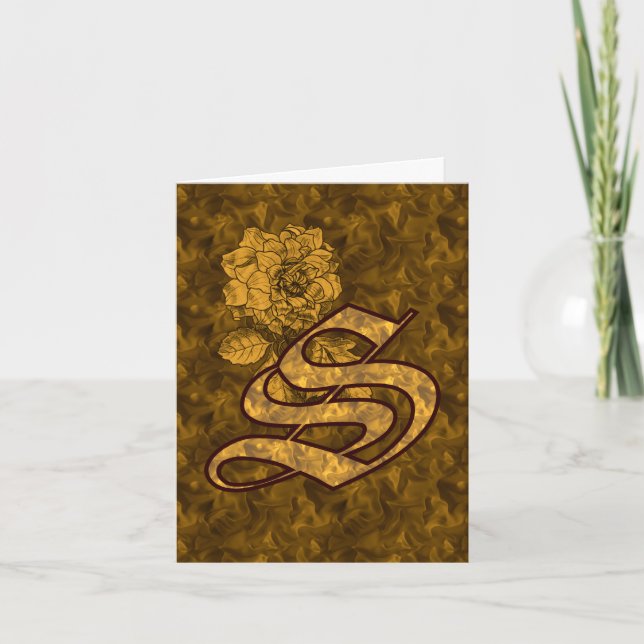 Elegant Monogram Initial S Gold Peony Personalised Note Card (Front)
