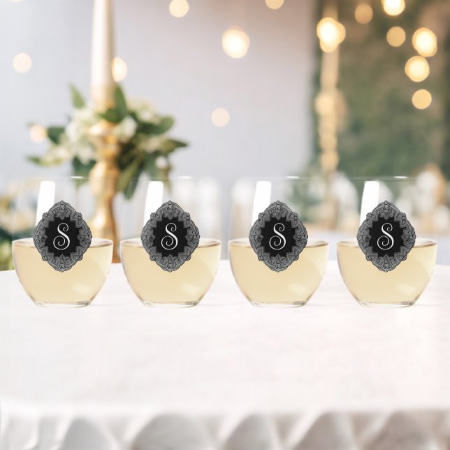 Elegant, Monogram Initial Stemless Wine Glass (Insitu (Wedding))