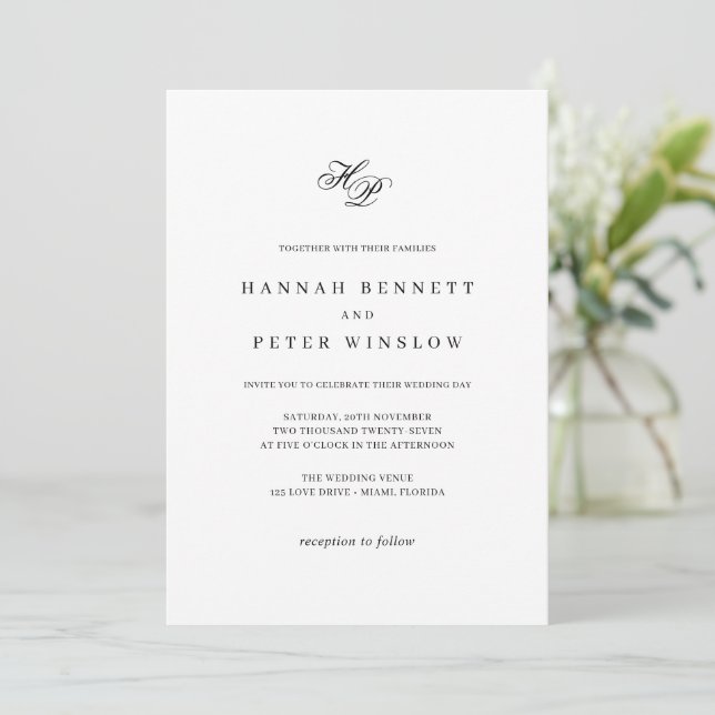 Elegant Monogram Initial White & Black Wedding Invitation (Standing Front)