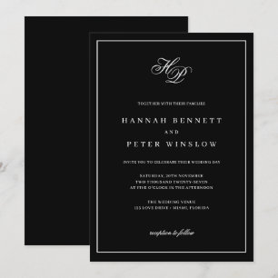 Elegant Monogram Initials Black Frame Wedding Invitation