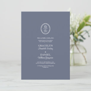 Elegant Monogram Initials Dark Dusty Blue White Invitation